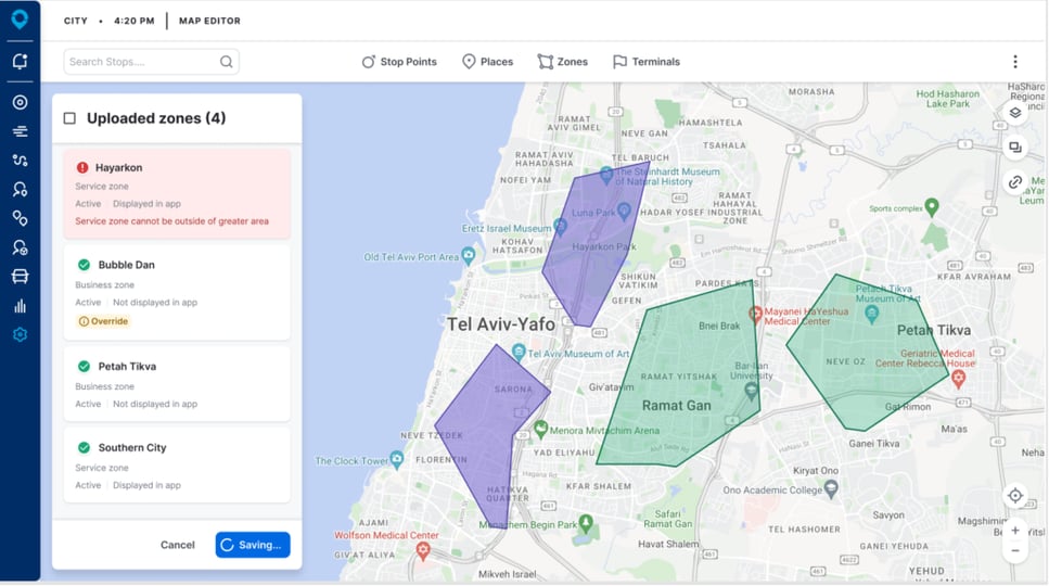 Map showing the upload of business and service zones, with a list of warnings for each of the zones.