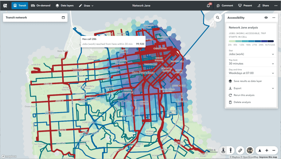 Remix Network Jane shown over a transit network map, along with the accessibility analysis.