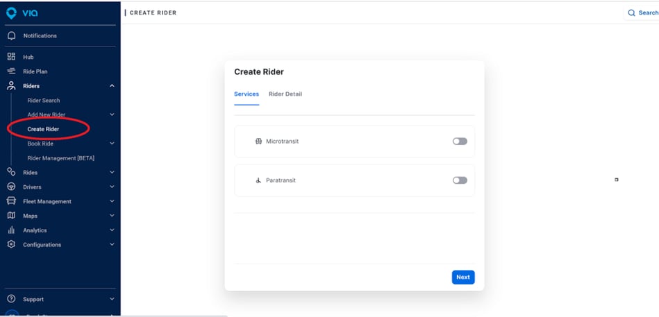 Via Operations Center screen showing the Create Rider pop-up that allows toggling on and off of multiple subservices.