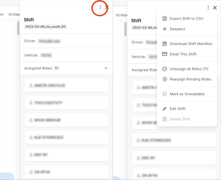 Circled 3-dot menu to open full list of shift actions next to the list of shift actions now available in the same place.