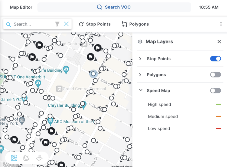 Map Editor in the Via Operations Center showing the map with stop points and the Map Layers menu open, with Speed Map untoggled.