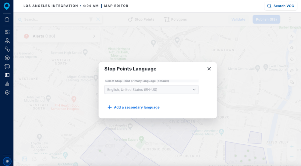 Map Editor in the Via Operations center showing the screen with a pull down menu that allows the Stop Points primary language to be selected.