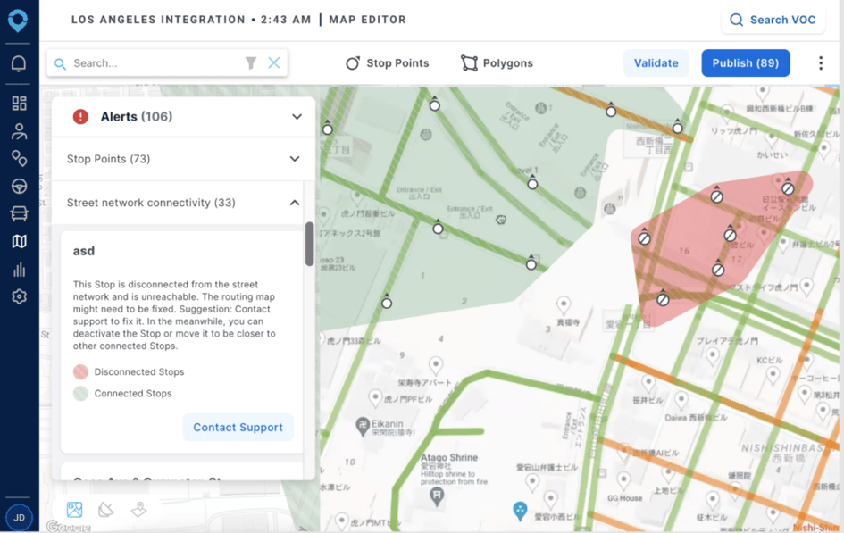 A map in the Map Editor of the Via Operations Center showing routes, stop points, and polygons with an Alerts pop-up showing issues with the newly uploaded stop points.